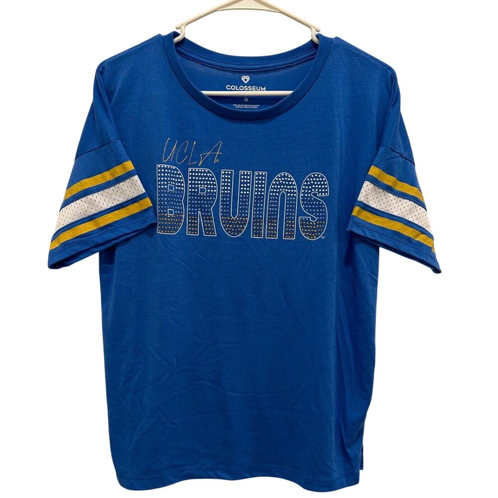 UCLA Bruins Womens Top Small Blue Gold Crewneck Rhinestone Football Tee Game Day